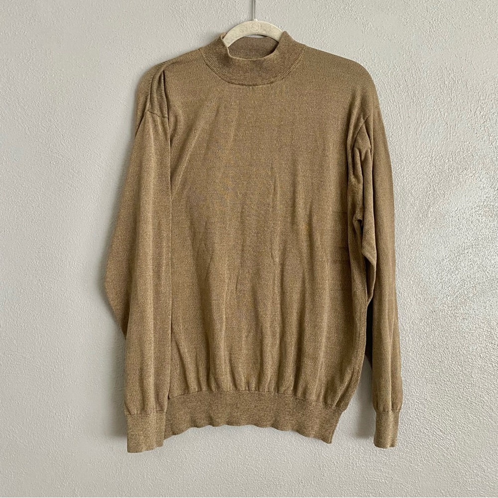 Kevoman 100% Silk Men’s Long Sleeve XL Mock Neck Sweater Brown Green Soft